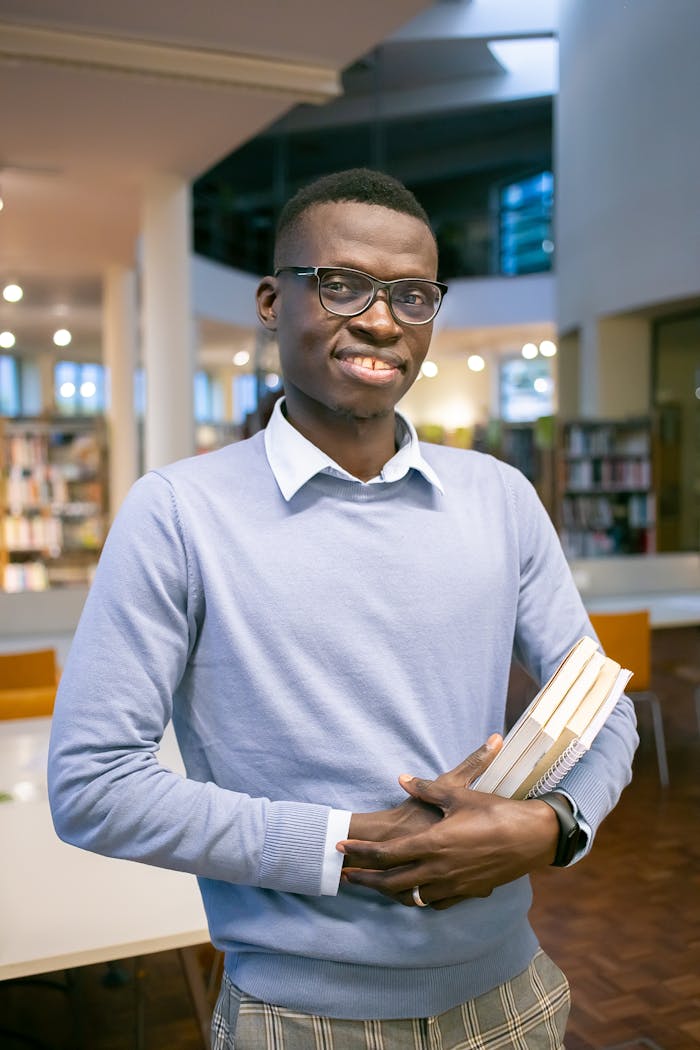 Optimistic African American man in eyeglasses with stack of books in hands standing in university library